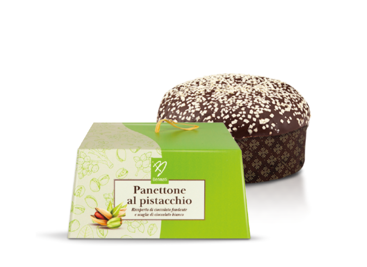 Panettone di pasticceria al pistacchio ricoperto di cioccolato fondente e scaglie di cioccolato bianco in scatola 750 g