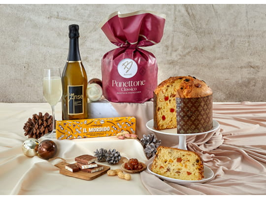 Cesto natalizio ecosostenibile con Panettone e Bollicine